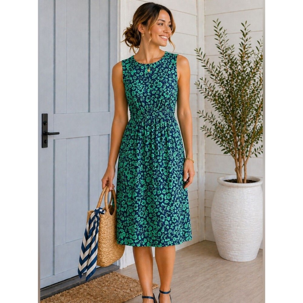 Maggy London Dress 8 Green Navy Floral Sleeveless Midi Fit & Flare Cottagecore